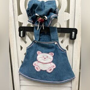 Vintage Y2K Denim Baby Dress with Teddy Appliqué and Matching Scrunchie Hat